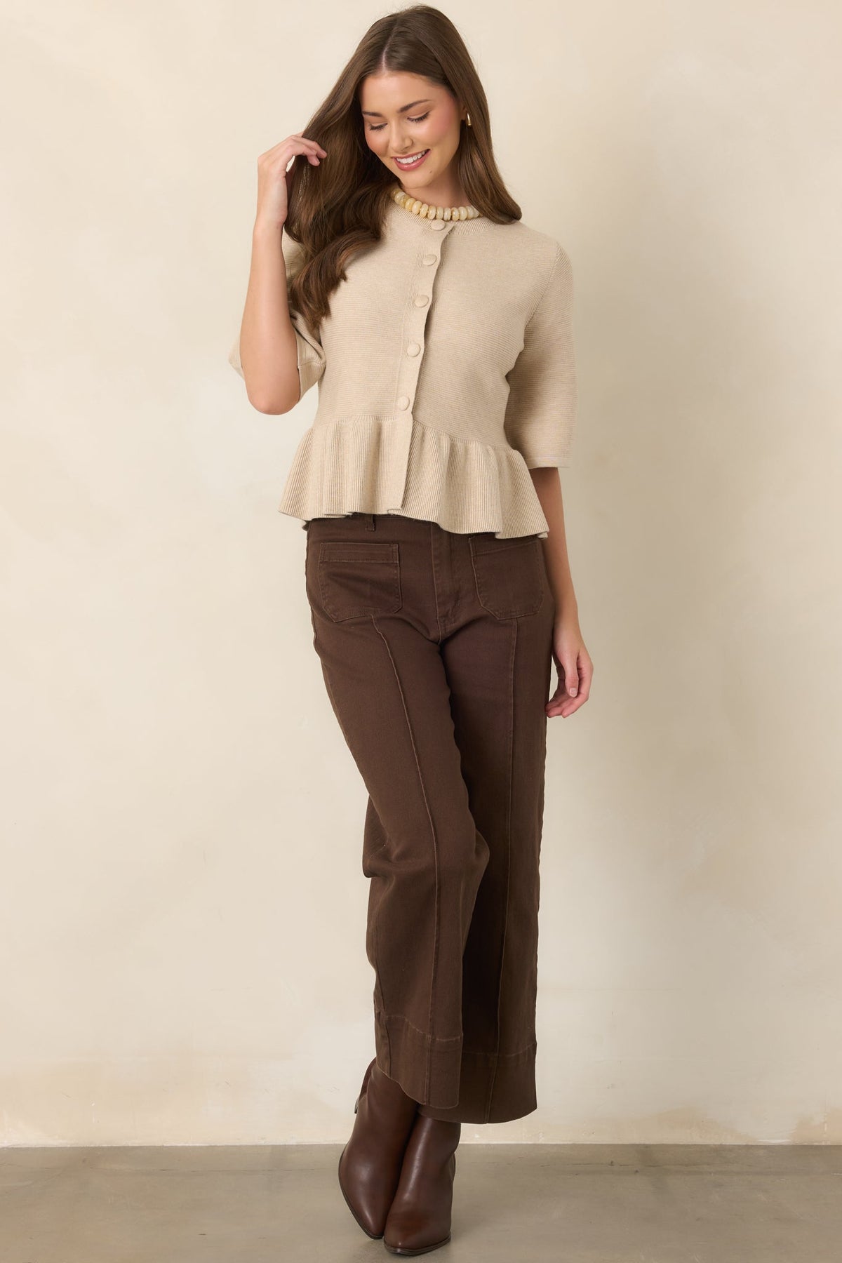 Nicely Put Oatmeal Button Front Peplum Knit Top