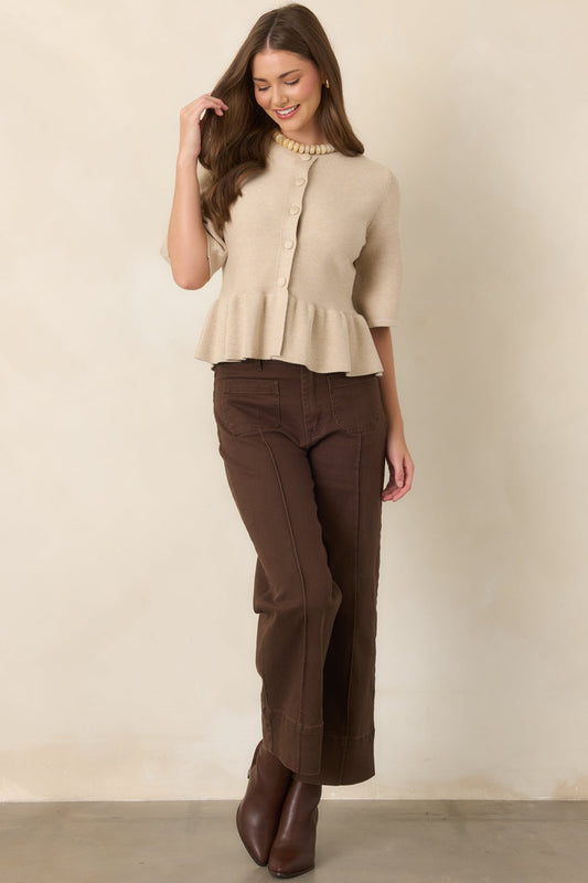 Nicely Put Oatmeal Button Front Peplum Knit Top