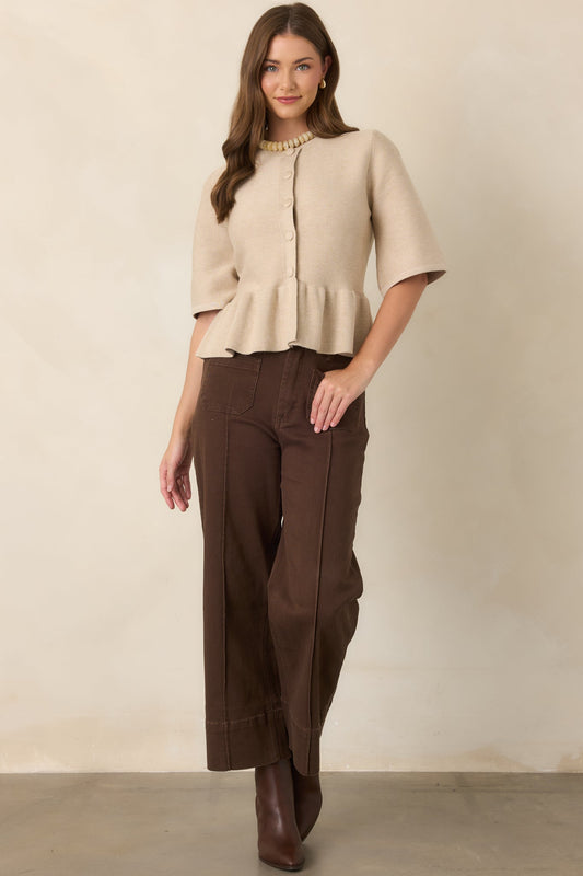 Nicely Put Oatmeal Button Front Peplum Knit Top