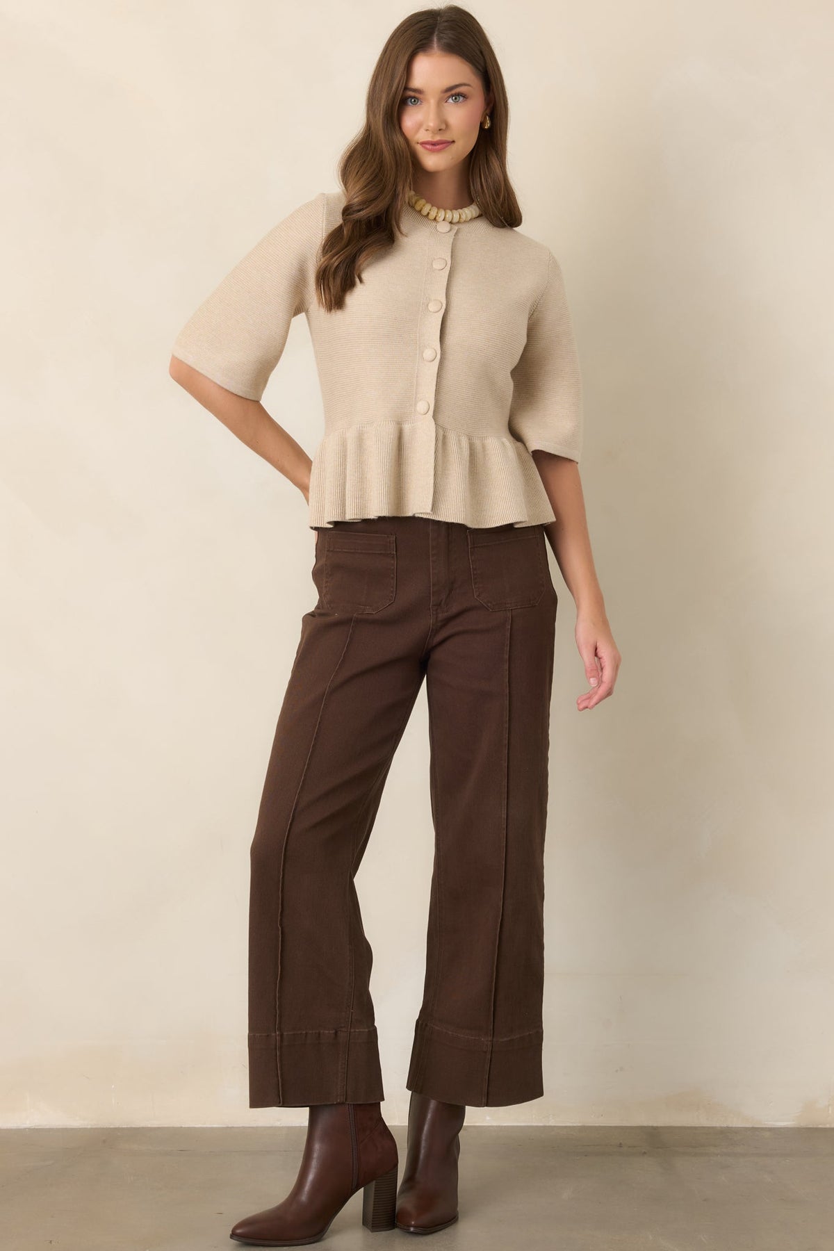 Nicely Put Oatmeal Button Front Peplum Knit Top