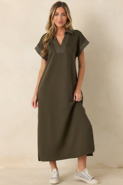 One Less Thing Olive Green V-Neck Contrast Pinstripe Maxi Dress