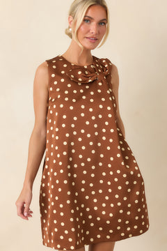 Love in Plain Sight Brown Polka Dot Bow Mini Shift Dress