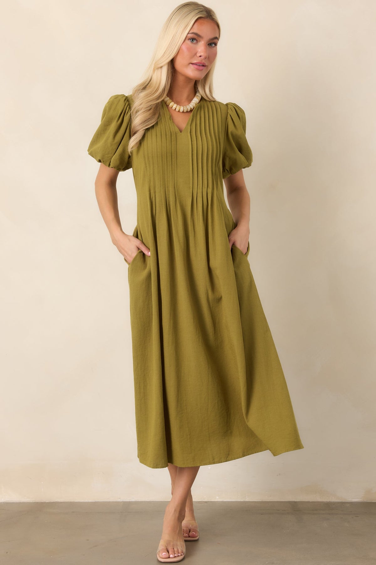 Tucked Away Memories Peridot Green Pintuck Puff Sleeve Midi Dress
