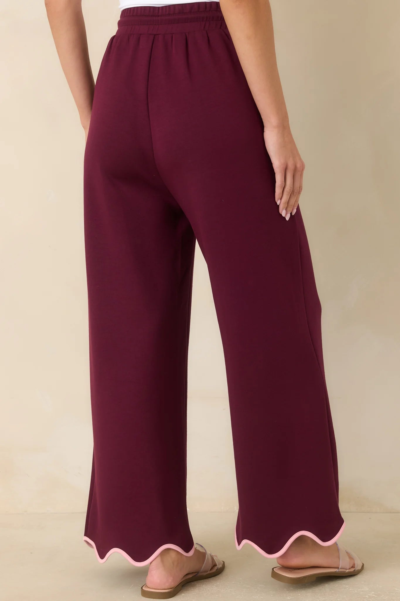 On My Time Burgundy Scalloped Trim Wide Leg Pants