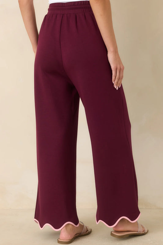 On My Time Burgundy Scalloped Trim Wide Leg Pants