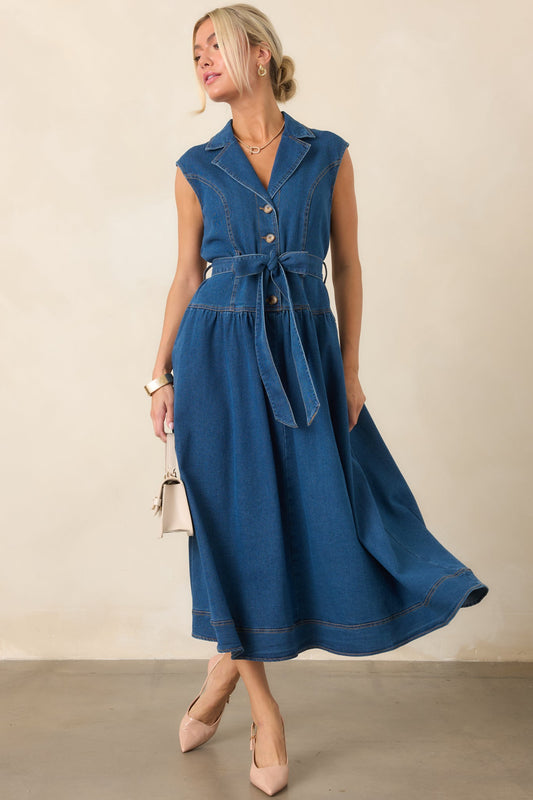 I'm All In Dark Wash Denim Tie-Belt Midi Dress