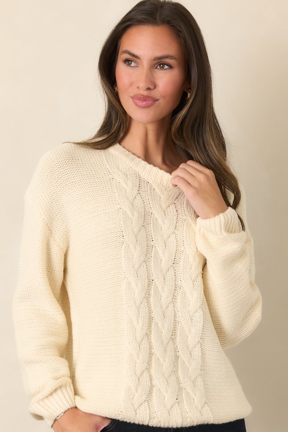 All the While Ivory Cable Knit Crewneck Pullover Sweater