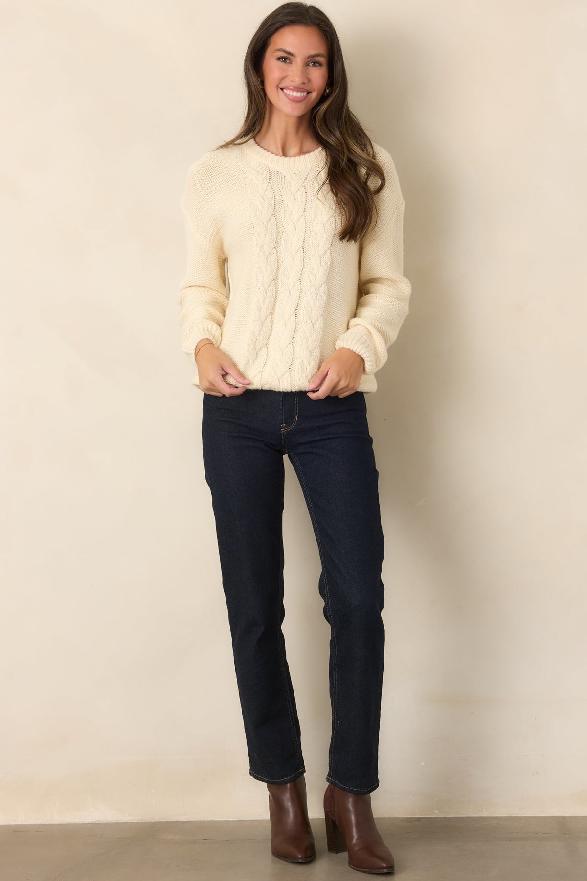 All the While Ivory Cable Knit Crewneck Pullover Sweater