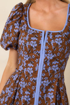 The Prettiest View Brown & Blue Floral Cotton Mini Dress