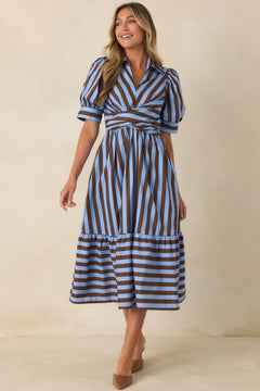 From Another Angle Light Blue & Brown Stripe Cotton Midi Dress