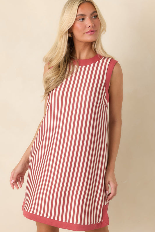On the Roster Terracotta & Ivory Striped Shift Mini Dress