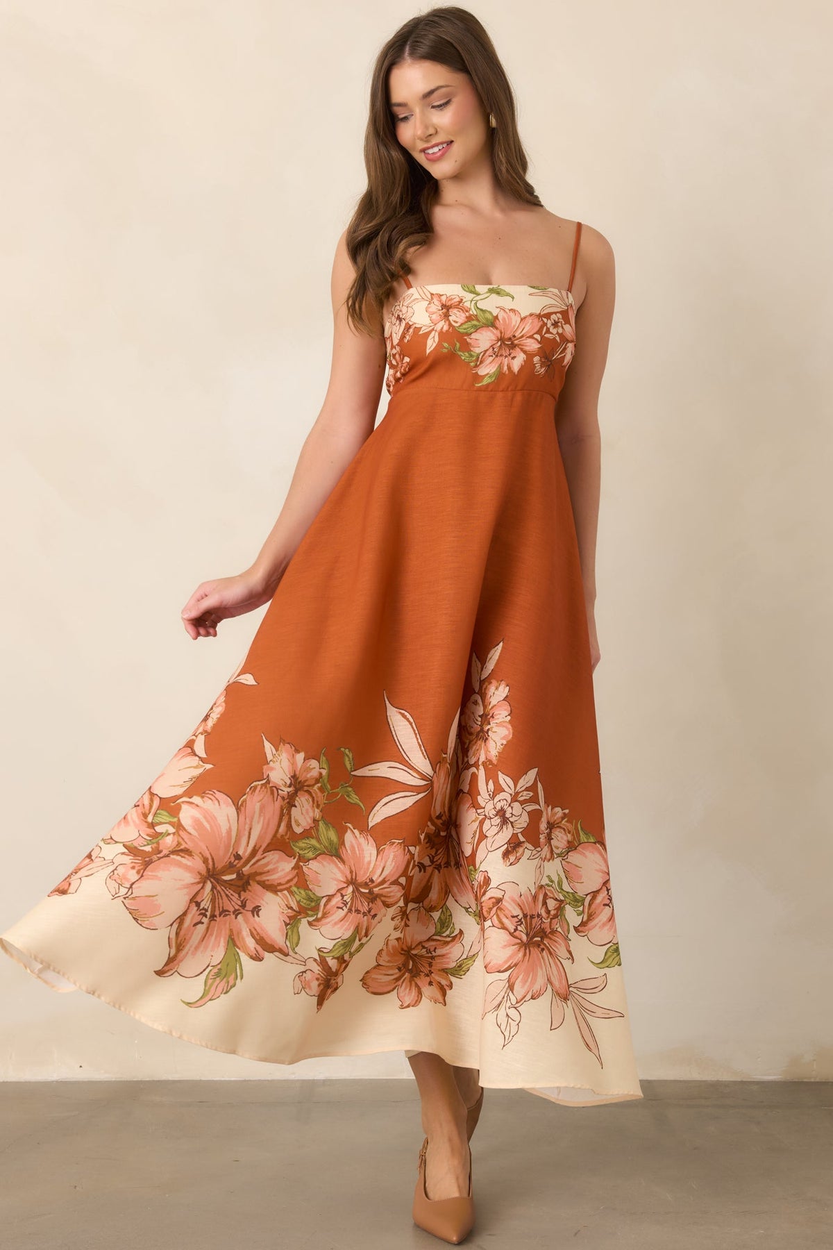 Warmest Wishes Terracotta & Ivory Floral Border Print Maxi Dress