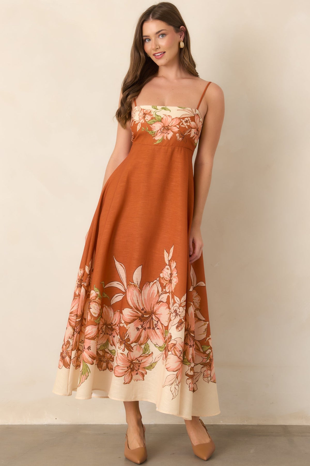 Warmest Wishes Terracotta & Ivory Floral Border Print Maxi Dress