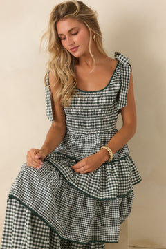 Garden Party Plans Hunter Green Gingham Tiered Midi Dress